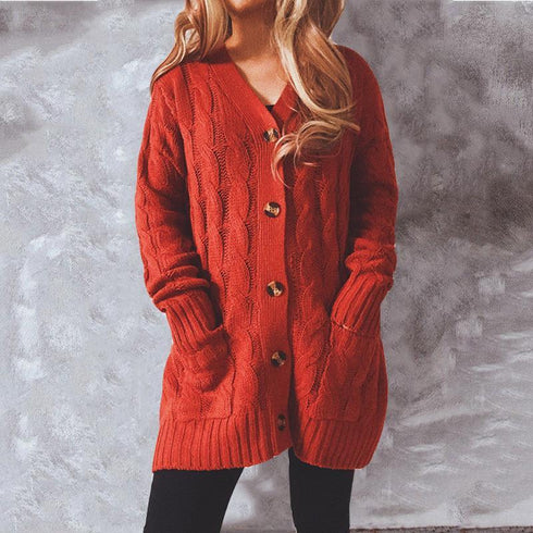 Autumn and winter single-breasted thick twist pocket long sleeve knit sweater cardigan